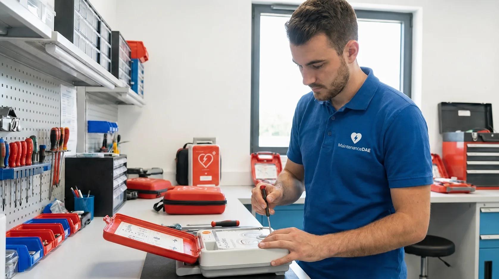 Technicien ouvrant un défibrillateur sur son établi